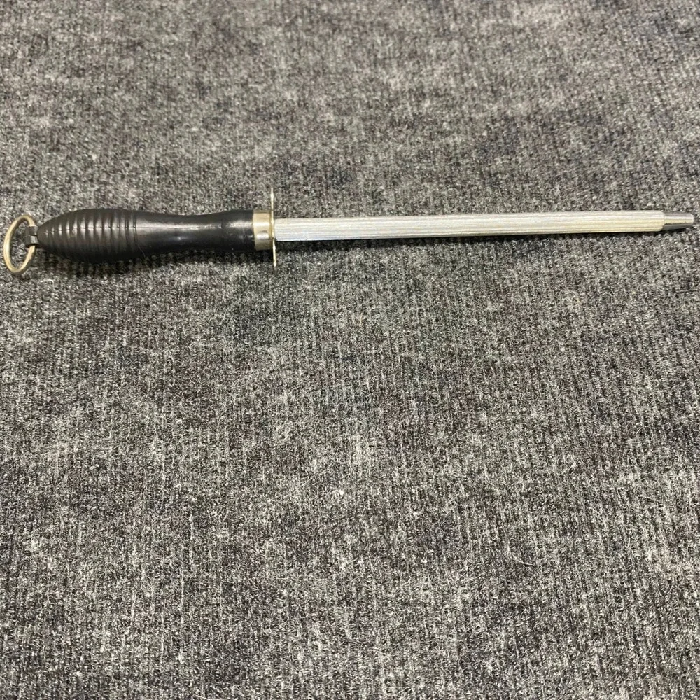 Vintage Honing Steel Knife Sharpening Rod Black Ribbed Handle Silver